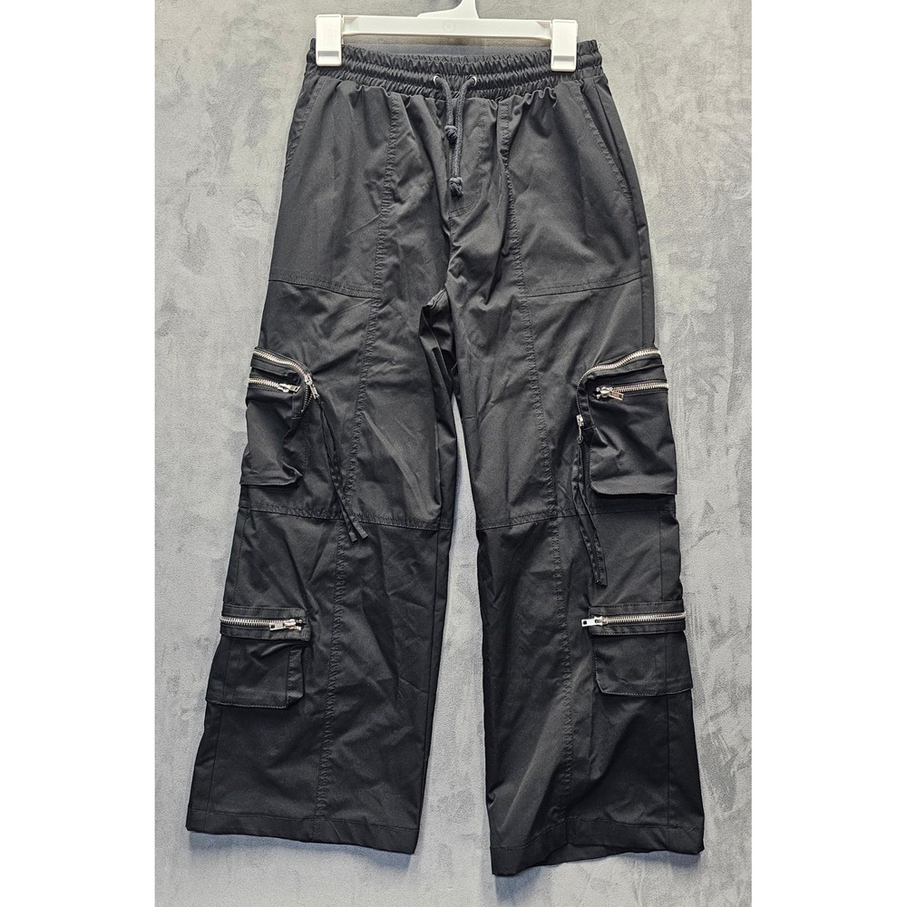 Forever 21 Black Wide Leg Cargo Pants Zipper Pockets Techwear Streetwear Small